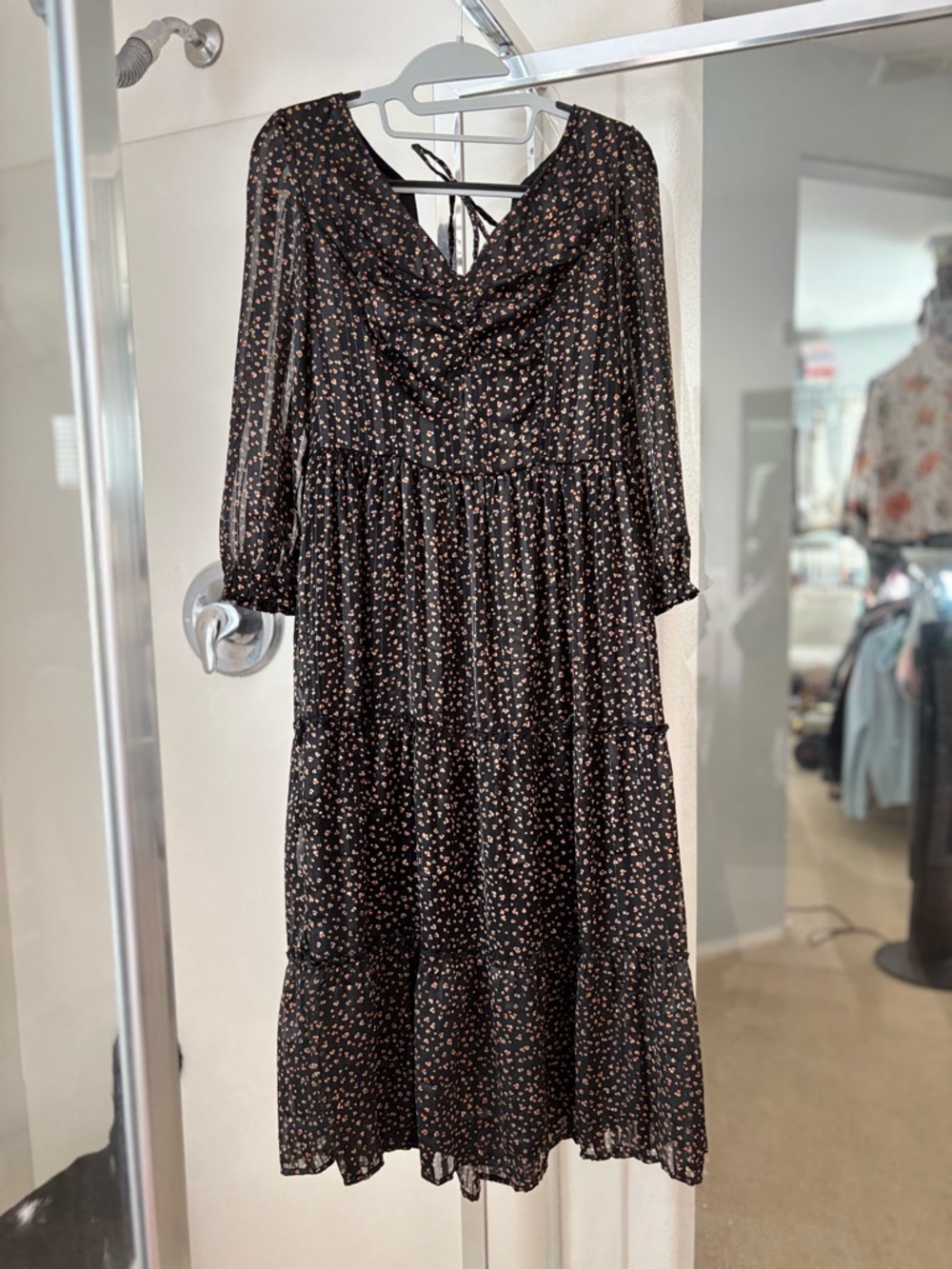 Japna Black Floral Tiered Long-Sleeve Midi Dress